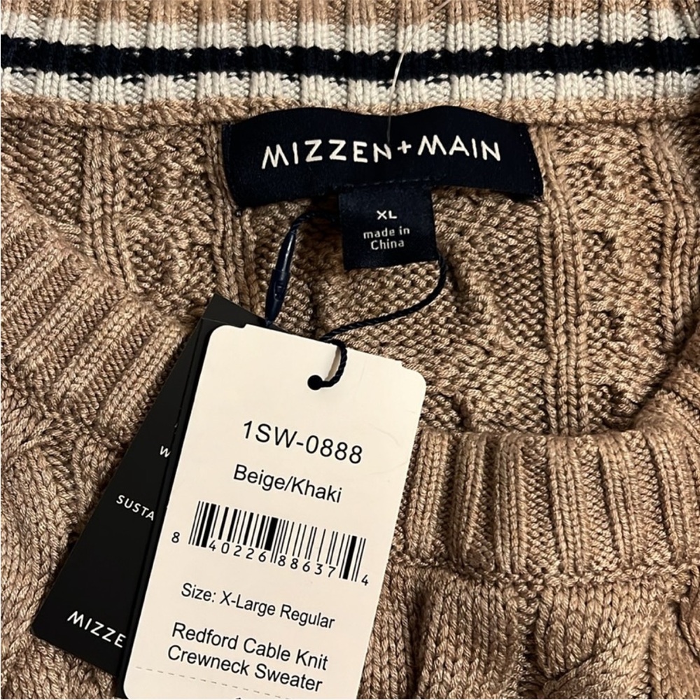 NWT Mizzen + Main Redford Cable Knit Crewneck Sweater Mens XL Beige/Khaki - Picture 3 of 12